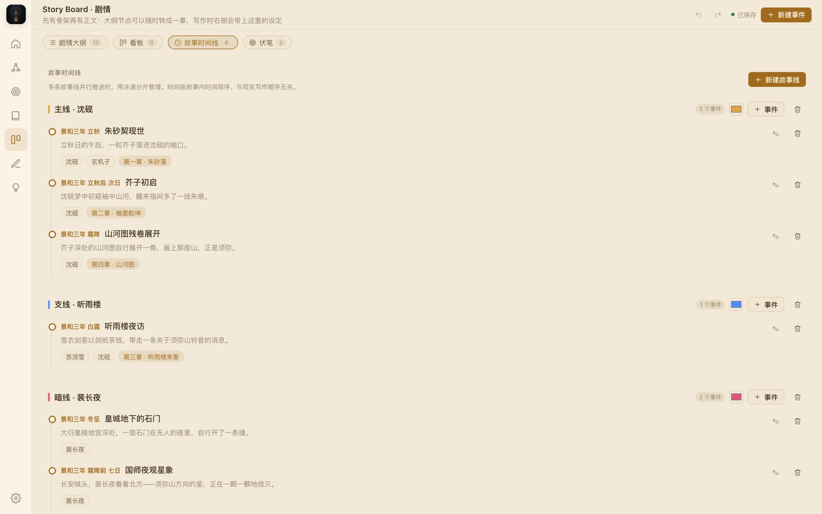 故事时间线界面：主线、支线、暗线三条泳道并行